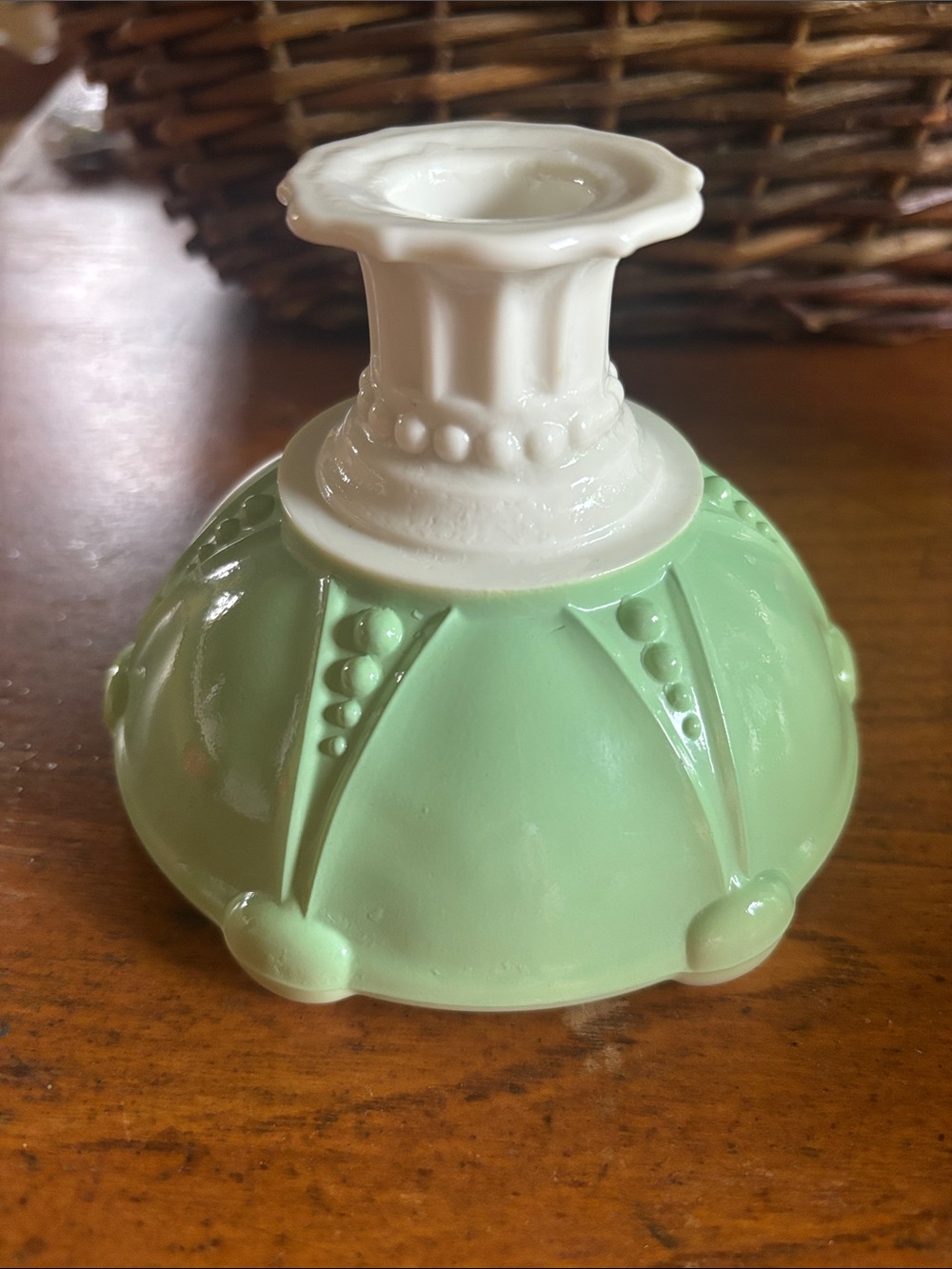 Vintage Anchor Hocking “Oyster & Pearls white glass base/mint green candlestick